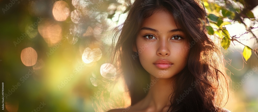 Fototapeta premium Multicultural young woman with long wavy hair posing outdoors in soft golden sunlight surrounded by greenery with ample space for text