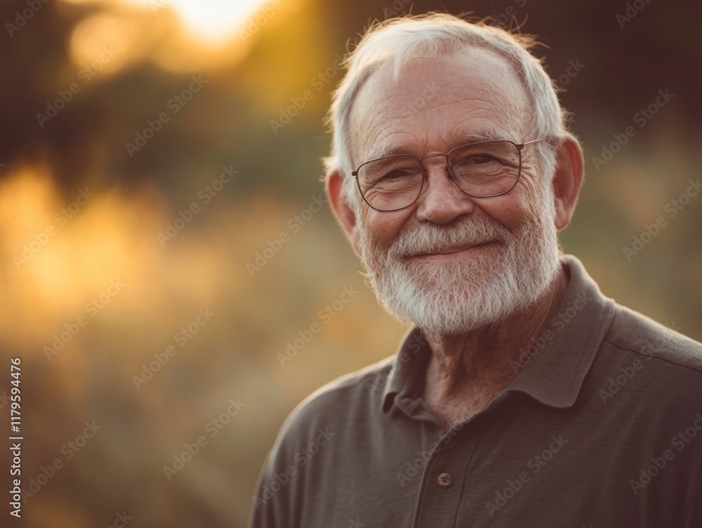 Smiling senior man with gray beard wearing glasses standing outdoors in golden sunset light with blurred nature background and ample copyspace for text Smiling senior man with gray beard wearing glasses standing outdoors in golden sunset light with blurred nature background and ample copyspace for text