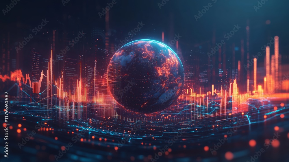 Obraz premium Futuristic Digital Landscape with Earth and Data Visualization Effects
