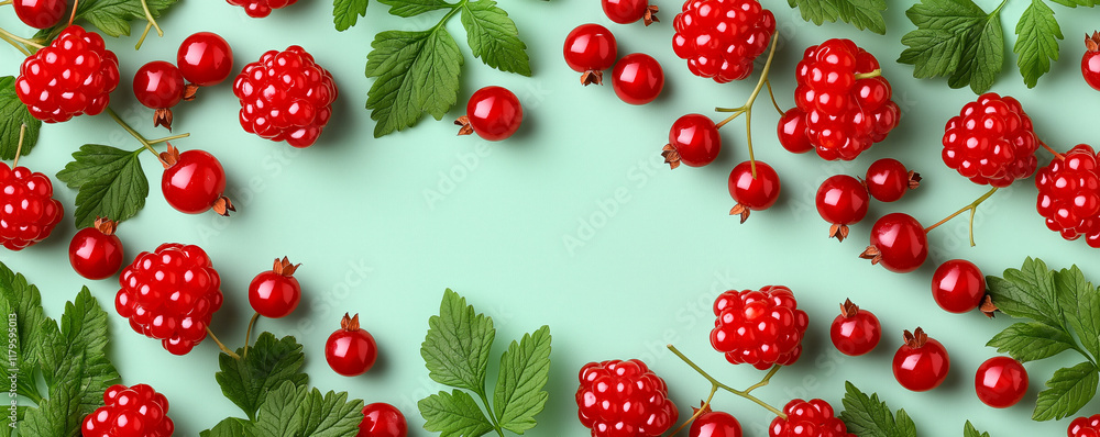 Fresh red berries and green leaves arranged on mint background create vibrant and inviting display. composition features raspberries and currants, perfect for summer Fresh red berries and green leaves arranged on mint background create vibrant and inviting display. composition features raspberries and currants, perfect for summer
