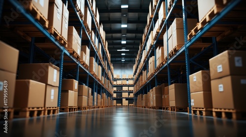 Spacious Warehouse Filled with Stacked Boxes on Shelving Units Creating a Busy and Organized Storage Environment photo