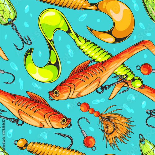 Colorful fishing lures on a blue background