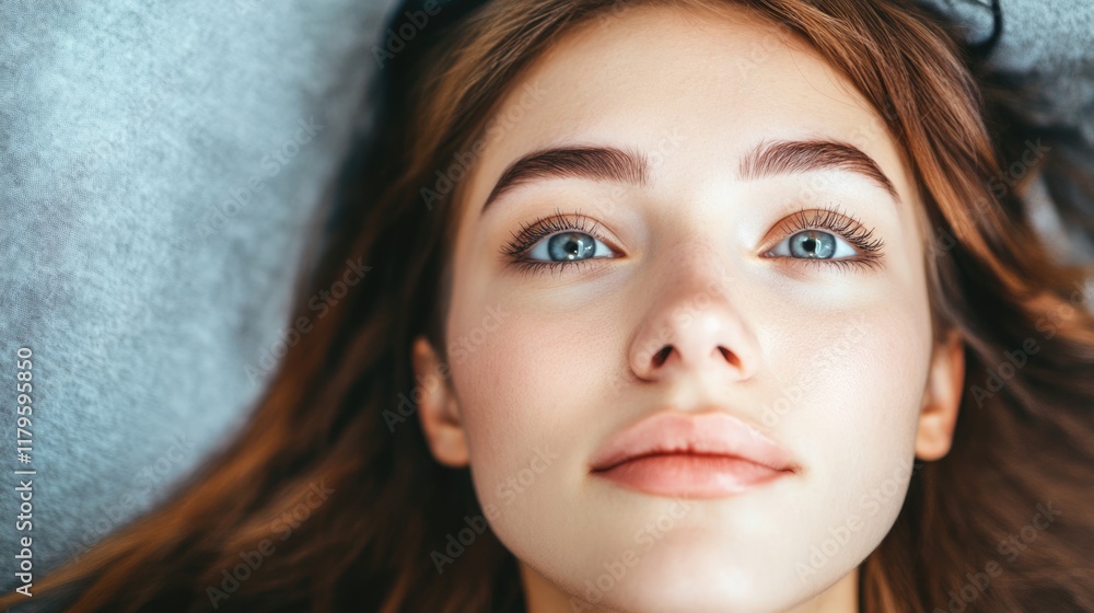 Naklejka premium Close-up of a young woman with long brown hair and blue eyes relaxing on a couch during a facial treatment in a modern cosmetic office space.