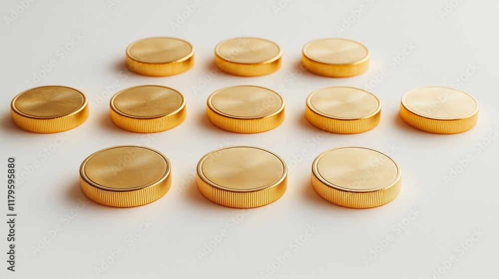 Golden coins arranged in a neat pattern on a white background Golden coins arranged in a neat pattern on a white background
