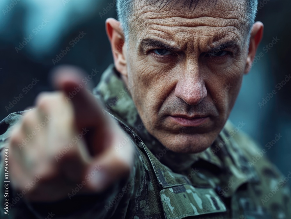 Fototapeta premium Serious middle-aged male veteran soldier in military uniform pointing finger forward with determined expression against blurred background with copyspace for text