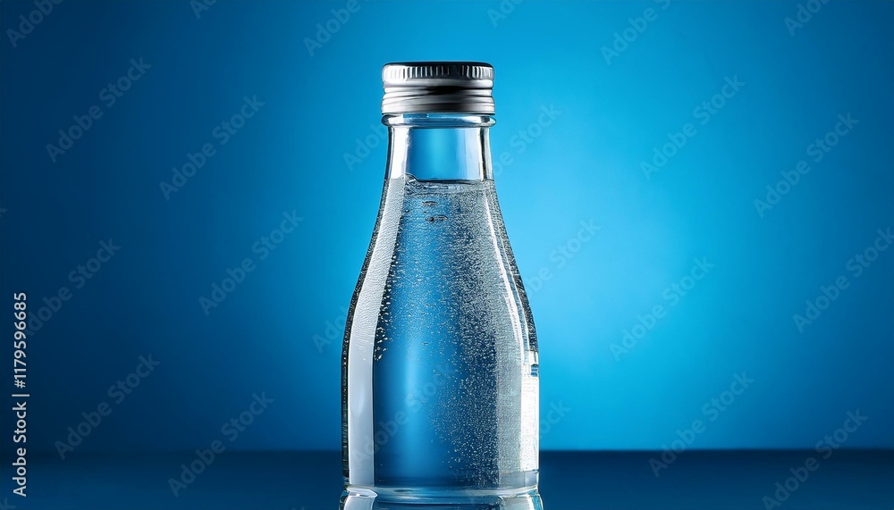 clear glass bottle with sparkling water on blue background highlighting freshness and purity in minimalist style clear glass bottle with sparkling water on blue background highlighting freshness and purity in minimalist style