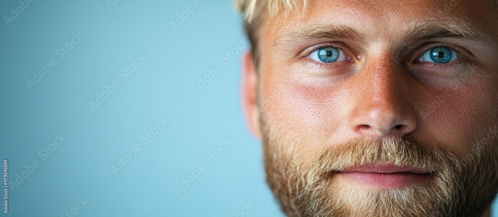 Close-up portrait of a young adult man with a blonde beard and bright blue eyes on a soft blue background with ample empty copyspace for text