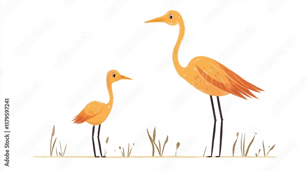 Obraz premium Charming illustration of a parent bird and its baby standing together in a serene natural setting. Perfect for children's books or nature-themed projects.