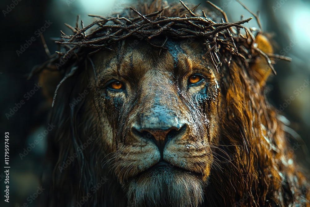 Fototapeta premium majestic lion portrait with crown of thorns symbolizing christ's sacrifice, religious christian art with dramatic lighting and sacred atmosphere