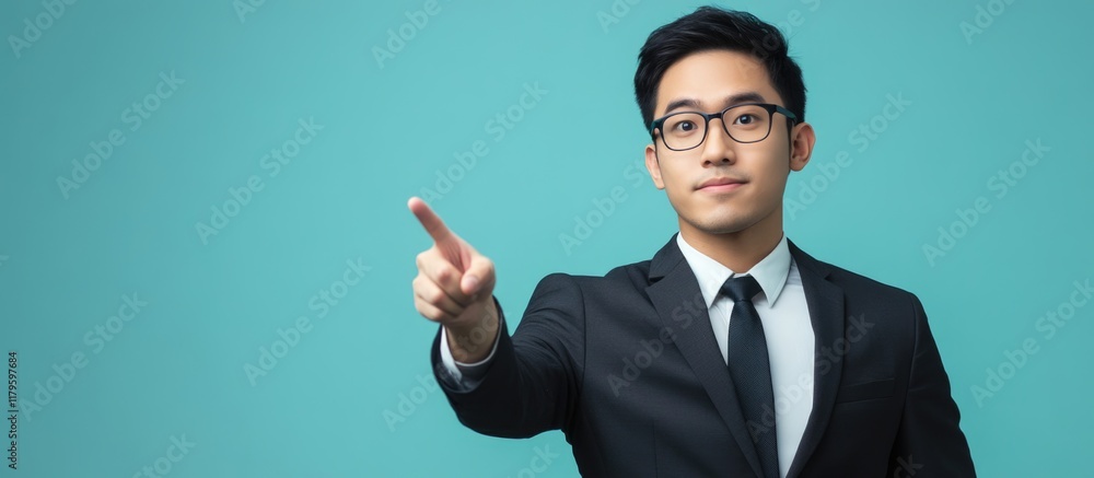 Thoughtful Asian businessman in formal suit against bright teal background pointing with raised finger in empty space for text and ideas Thoughtful Asian businessman in formal suit against bright teal background pointing with raised finger in empty space for text and ideas