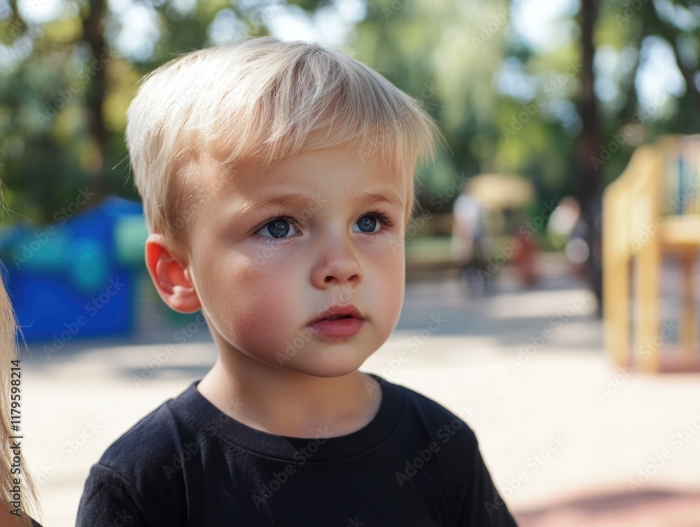 Adorable child with blonde hair wearing black t-shirt outdoors in summer park with colorful playground background and ample space for text. Adorable child with blonde hair wearing black t-shirt outdoors in summer park with colorful playground background and ample space for text.