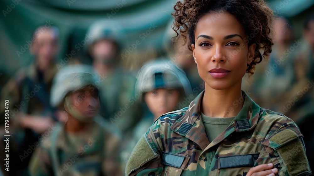 Fototapeta premium Confident Female Soldier Standing Among Team