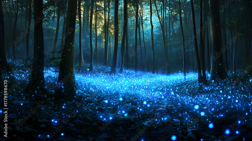 Fototapeta premium A serene forest illuminated by glowing blue lights, creating a magical atmosphere.