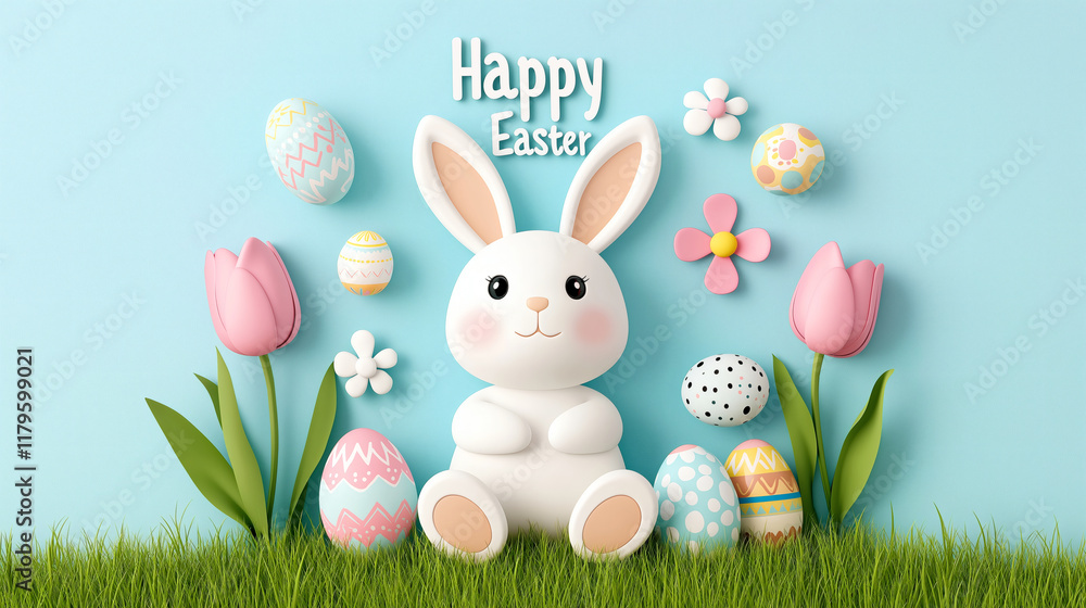 Fototapeta premium Happy Easter cute white bunny sits among colorful Easter eggs and flowers, creating cheerful and festive atmosphere. Perfect for celebrating holiday