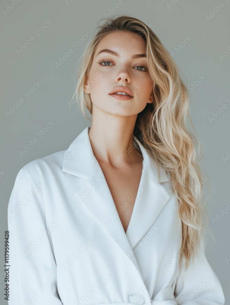 Fototapeta premium Blond female doctor in white coat exuding positivity with soft wavy hair and warm smile against neutral gray backdrop for text placement