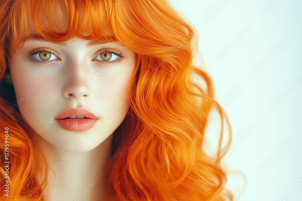 Stunning portrait of a woman with vibrant orange hair and captivating green eyes against a soft, neutral backdrop Stunning portrait of a woman with vibrant orange hair and captivating green eyes against a soft, neutral backdrop