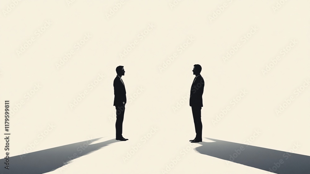 Silhouettes of Two Businessmen in Suits: A Visual Metaphor for Corporate Dialogue and Professional Encounters Silhouettes of Two Businessmen in Suits: A Visual Metaphor for Corporate Dialogue and Professional Encounters