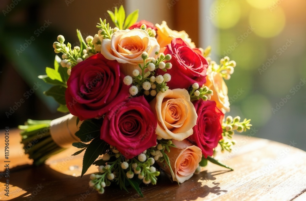 bridal bouquet with colorful flowers, illuminated by soft sunlight, placed on a wooden table, morning setting with bright natural light bridal bouquet with colorful flowers, illuminated by soft sunlight, placed on a wooden table, morning setting with bright natural light