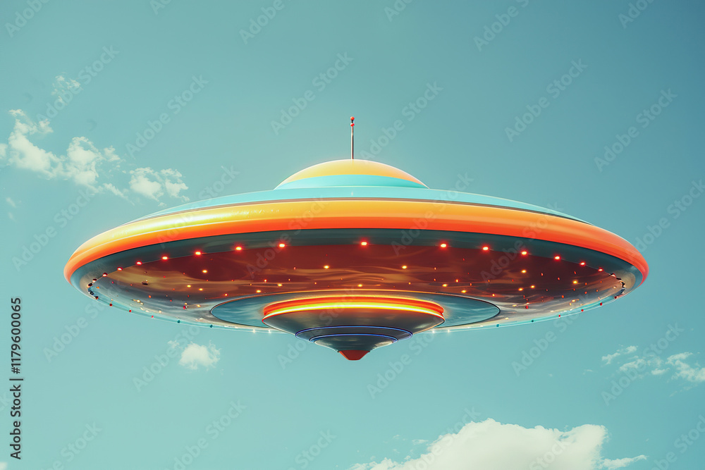 Iron oval UFO saucer hovering over beautiful landscape in deep dramatic sky, abstract vivid composition consists of fictional unreal fantastic vision on background Iron oval UFO saucer hovering over beautiful landscape in deep dramatic sky, abstract vivid composition consists of fictional unreal fantastic vision on background