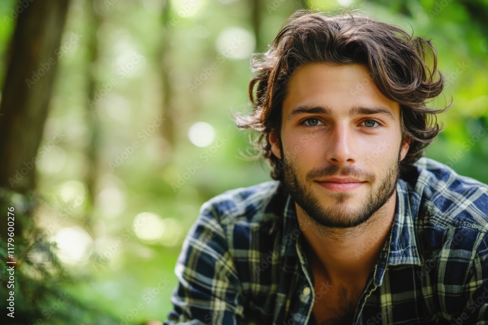handsome young man with curly hair and beard smiling in summer forest with soft green bokeh background ideal for text overlay handsome young man with curly hair and beard smiling in summer forest with soft green bokeh background ideal for text overlay