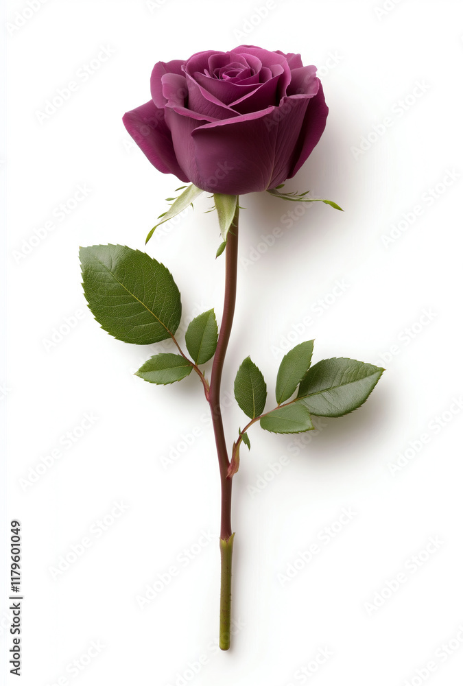 Obraz premium beautiful purple rose with green leaves on long stem, showcasing its elegance and charm. This stunning flower is perfect for expressing love and admiration