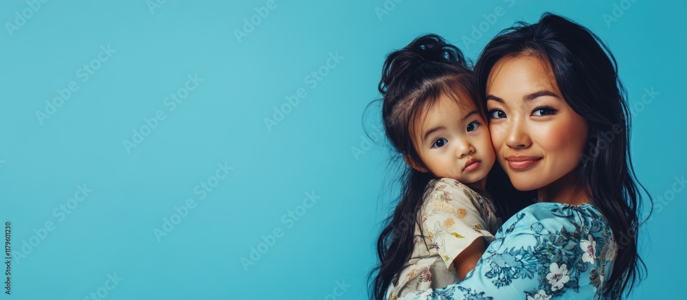 Asian mother holding toddler girl against a vibrant turquoise background with ample space for text showcasing family love and connection. Asian mother holding toddler girl against a vibrant turquoise background with ample space for text showcasing family love and connection.