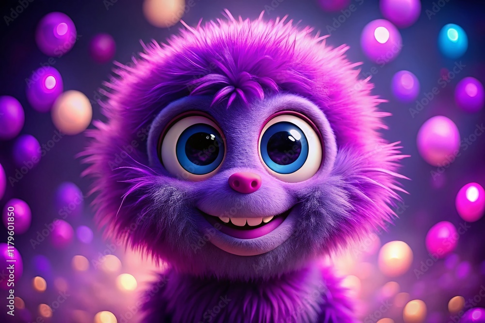 Fototapeta premium Fuzzy Purple Creature with Bokeh Background - Fun Children's Stock Photo