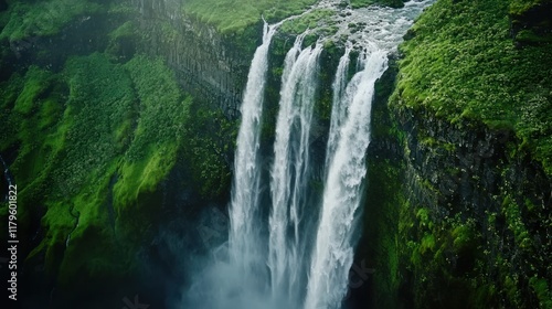 Icelandic waterfall cascades down green cliff, aerial view