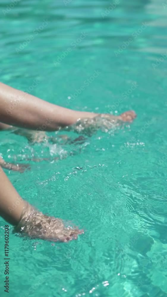 Sunny day poolside fun: legs splashing in crystal-clear water, vertical video Sunny day poolside fun: legs splashing in crystal-clear water, vertical video