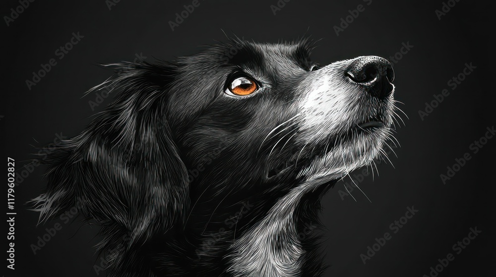Close-up portrait of a black and white dog with amber eyes, looking up. Close-up portrait of a black and white dog with amber eyes, looking up.