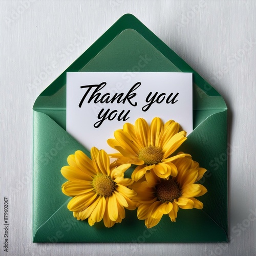 A green envelope, satin-like texture, with three yellow daisies inside, a white card with the words 