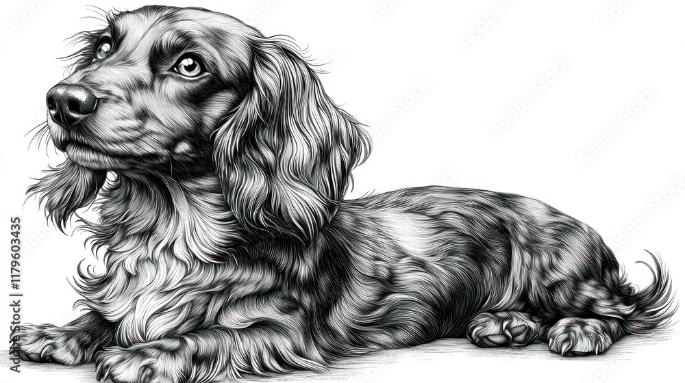 Longhaired dachshund dog looking up, pencil sketch. Longhaired dachshund dog looking up, pencil sketch.