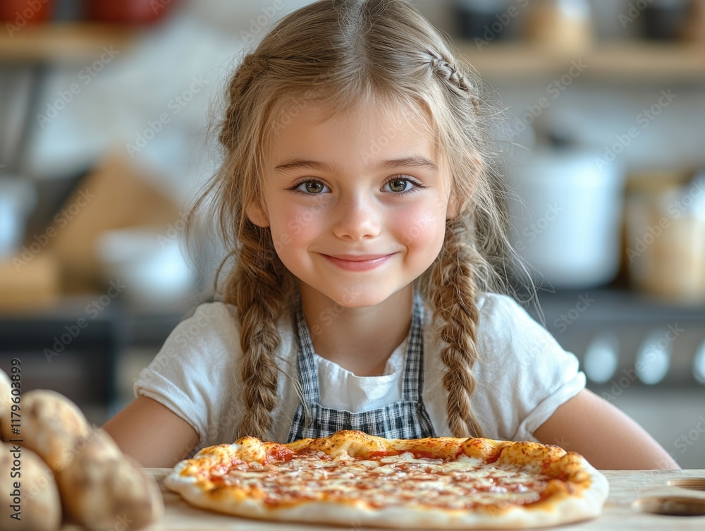 Smiling girl with braids baking pizza in a bright kitchen with wooden accents and empty space for text, warm tones and soft lighting Smiling girl with braids baking pizza in a bright kitchen with wooden accents and empty space for text, warm tones and soft lighting