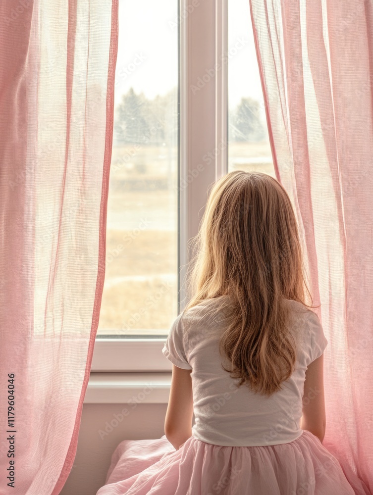 Young girl gazing out of a window draped in soft pink curtains sitting on a windowsill with ample empty space for text and gentle natural light. Young girl gazing out of a window draped in soft pink curtains sitting on a windowsill with ample empty space for text and gentle natural light.