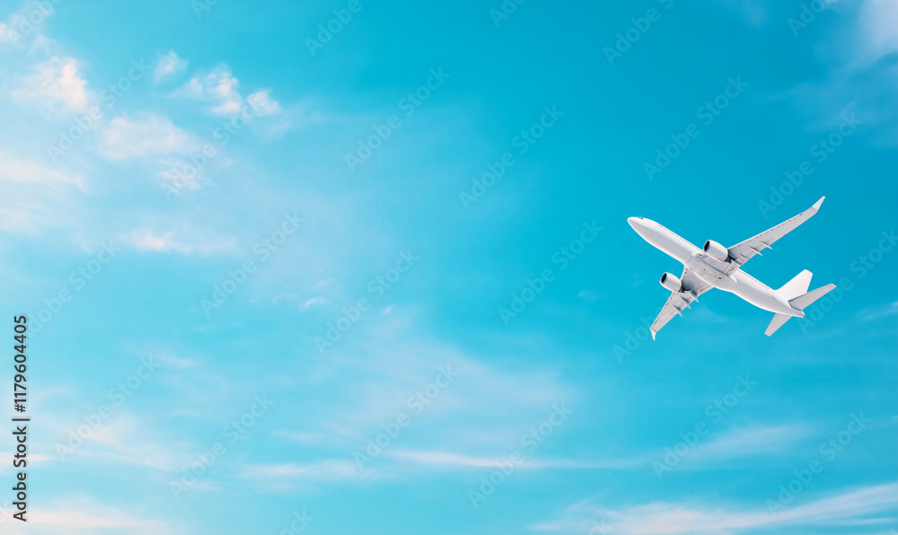 white airplane flying against beautiful blue sky with fluffy clouds creates sense of freedom and adventure. vibrant colors enhance feeling of travel and exploration white airplane flying against beautiful blue sky with fluffy clouds creates sense of freedom and adventure. vibrant colors enhance feeling of travel and exploration