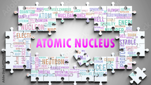 Atomic Nucleus as a complex subject, related to important topics. Pictured as a puzzle and a word cloud made of most important ideas and phrases related to atomic nucleus. ,3d illustration photo