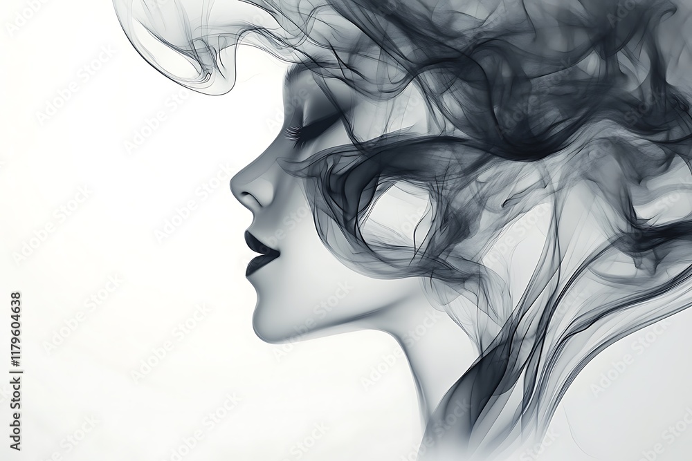Fototapeta premium A woman's profile, enveloped in flowing smoke, evokes a serene and thoughtful mood.