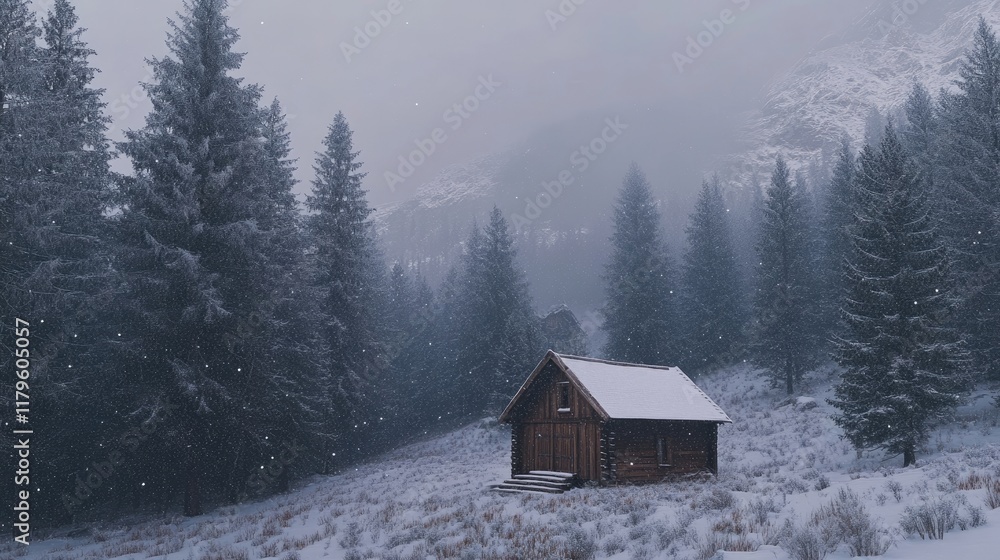 A peaceful mountain scene featuring a small cabin surrounded by tall, snow-laden trees as snow falls softly. A peaceful mountain scene featuring a small cabin surrounded by tall, snow-laden trees as snow falls softly.