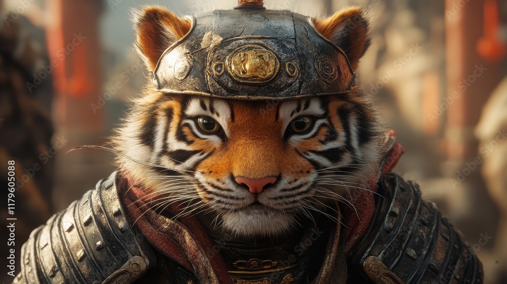 Fototapeta premium A cute little tiger wearing ancient Chinese armor