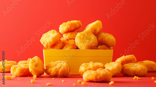 Fried golden squares naggets piled around a bright rectangular container. Generative AI photo