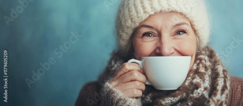 Senior woman with gray hair smiling while holding a white coffee mug, wearing a cozy knitted hat and scarf, against a teal background. photo