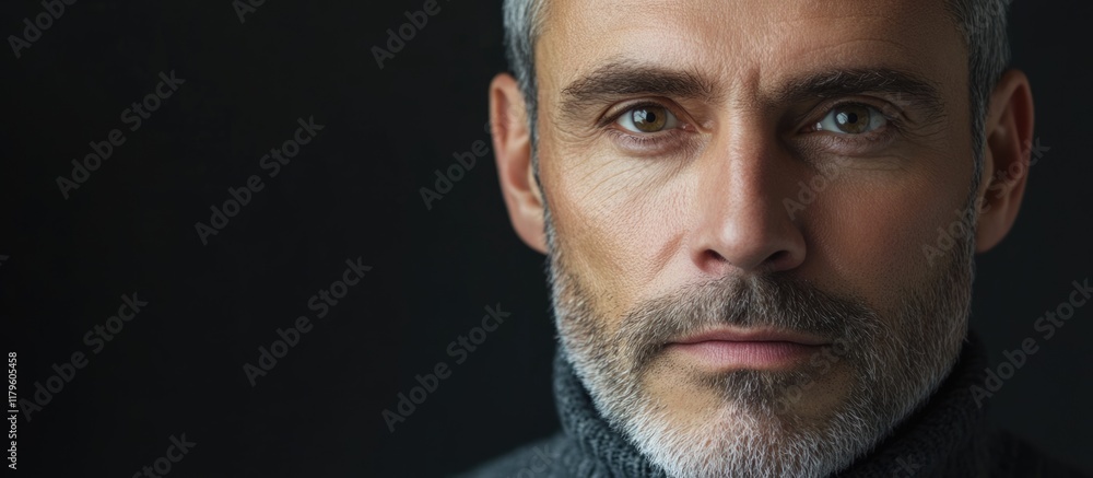 Obraz premium Studio Portrait of 50-Year-Old Middle-Aged Man with Gray Hair and Beard Against Dark Background Featuring Ample Copy Space for Text