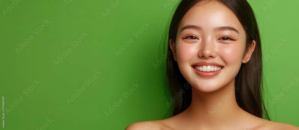 Cheerful Asian woman with clear skin expressing joy and satisfaction while engaging in a fun conversation against vibrant green background in a positive atmosphere Cheerful Asian woman with clear skin expressing joy and satisfaction while engaging in a fun conversation against vibrant green background in a positive atmosphere