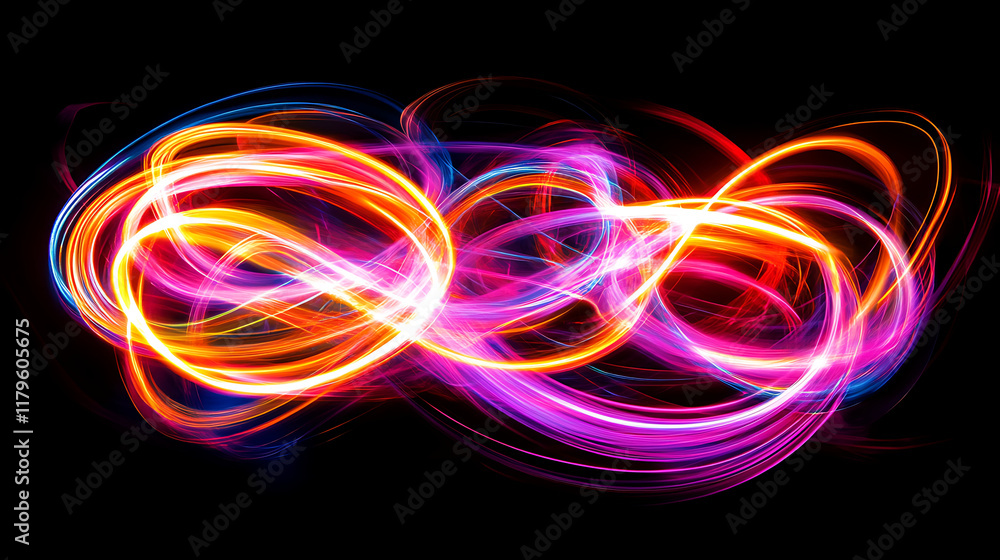 A vibrant display of colorful light trails creating an abstract pattern against a dark background. A vibrant display of colorful light trails creating an abstract pattern against a dark background.