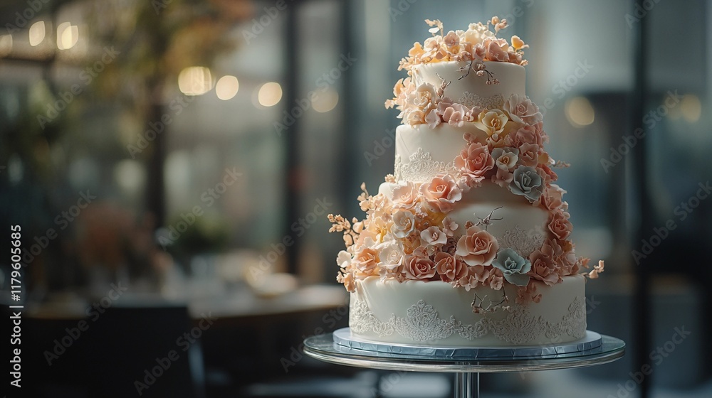 luxurious multi-tiered wedding cake with pastel floral decorations and a cascading edible lace design, displayed on a glass stand in a modern venue