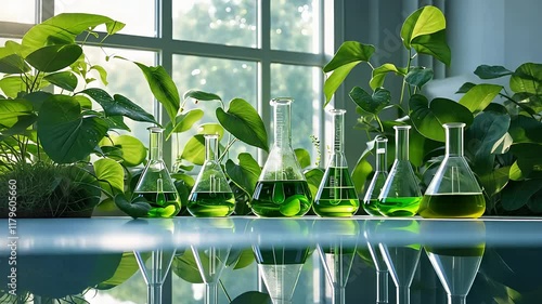 Glass laboratory flasks with green liquid on a reflective surface surrounded by fresh plants near a bright window

 photo