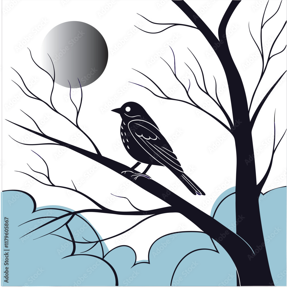 Fototapeta premium A black sparrow sits on a tree with a moon behind it. Plum Blossom, Full Moon and Nightingale Bird 