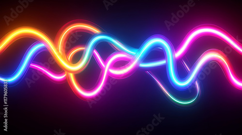 Vibrant, flowing neon light waves create a dynamic visual effect against a dark background.