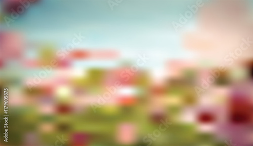 Blurred Spring Bloom, A dreamlike impression of flowers and nature, a gentle blend of pinks, greens, and soft blues creating a peaceful, abstract background,