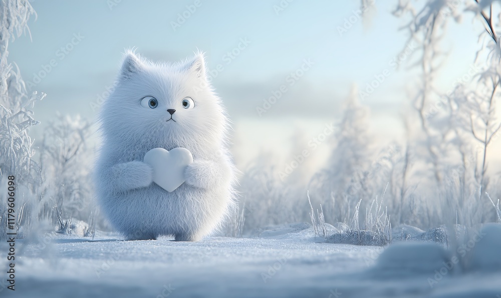 Fluffy white cat holding heart in snowy winter scene. Fluffy white cat holding heart in snowy winter scene.